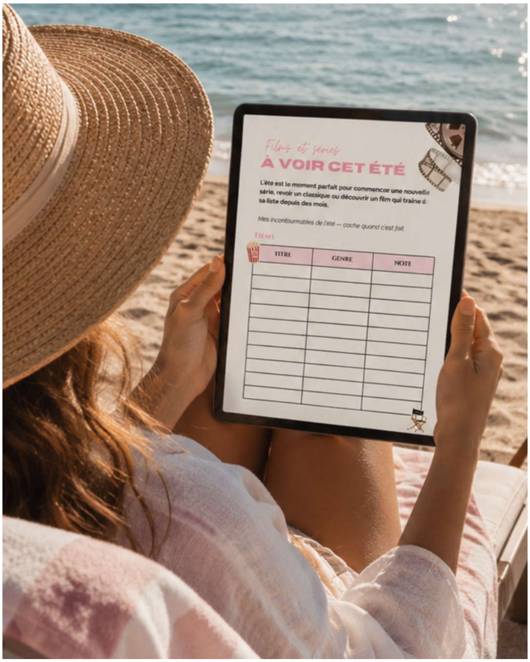 Summer Journal de Chapters films et séries à voir cet été affiche sur un Ipad à la plage