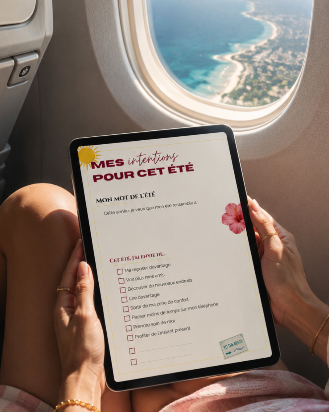 Summer Journal de Chapters mes intentions pour cet été affiché sur un Ipad dans un avion